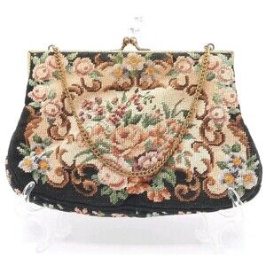 RARE Vintage Maud Hundley Floral Motif Embroidered Needlepoint HandBag Purse
